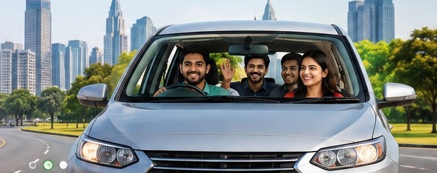 People sharing a car journey on an Indian urban road